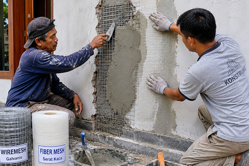 Wiremesh dan Fiber Mesh digunakan pada retak besar pada dinding