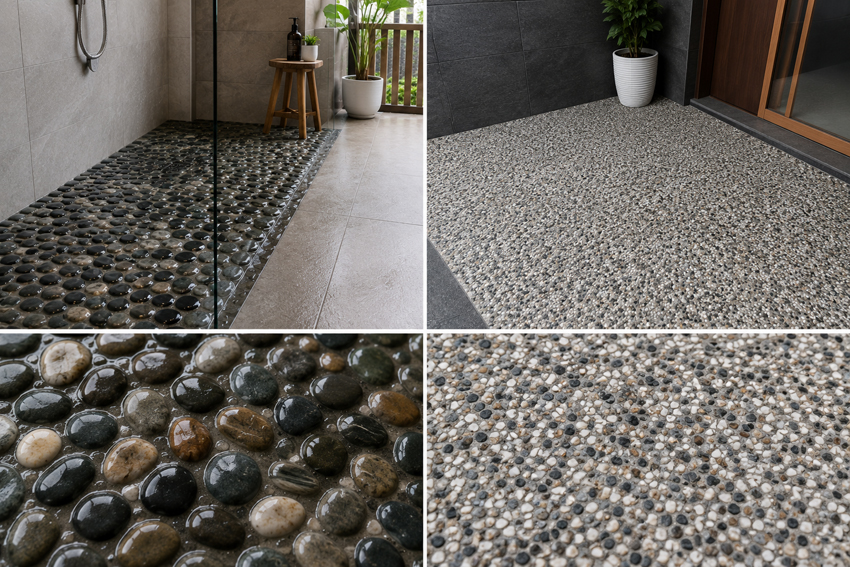 pebble flooring vs batu sikat
