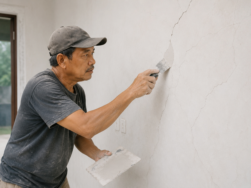 Biaya Perbaikan Tembok Retak Jabodetabek 2026 2 seorang tukang sedang memperbaiki retak rambut